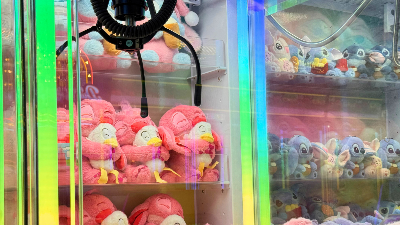 Clawcade prize claw machines filled with plush toys